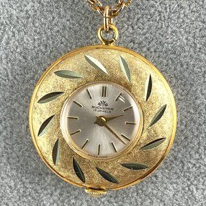 Vintage Bucherer 17 Jewel Diamond Cut Gold Tone Pendant Watch Wind Up Running